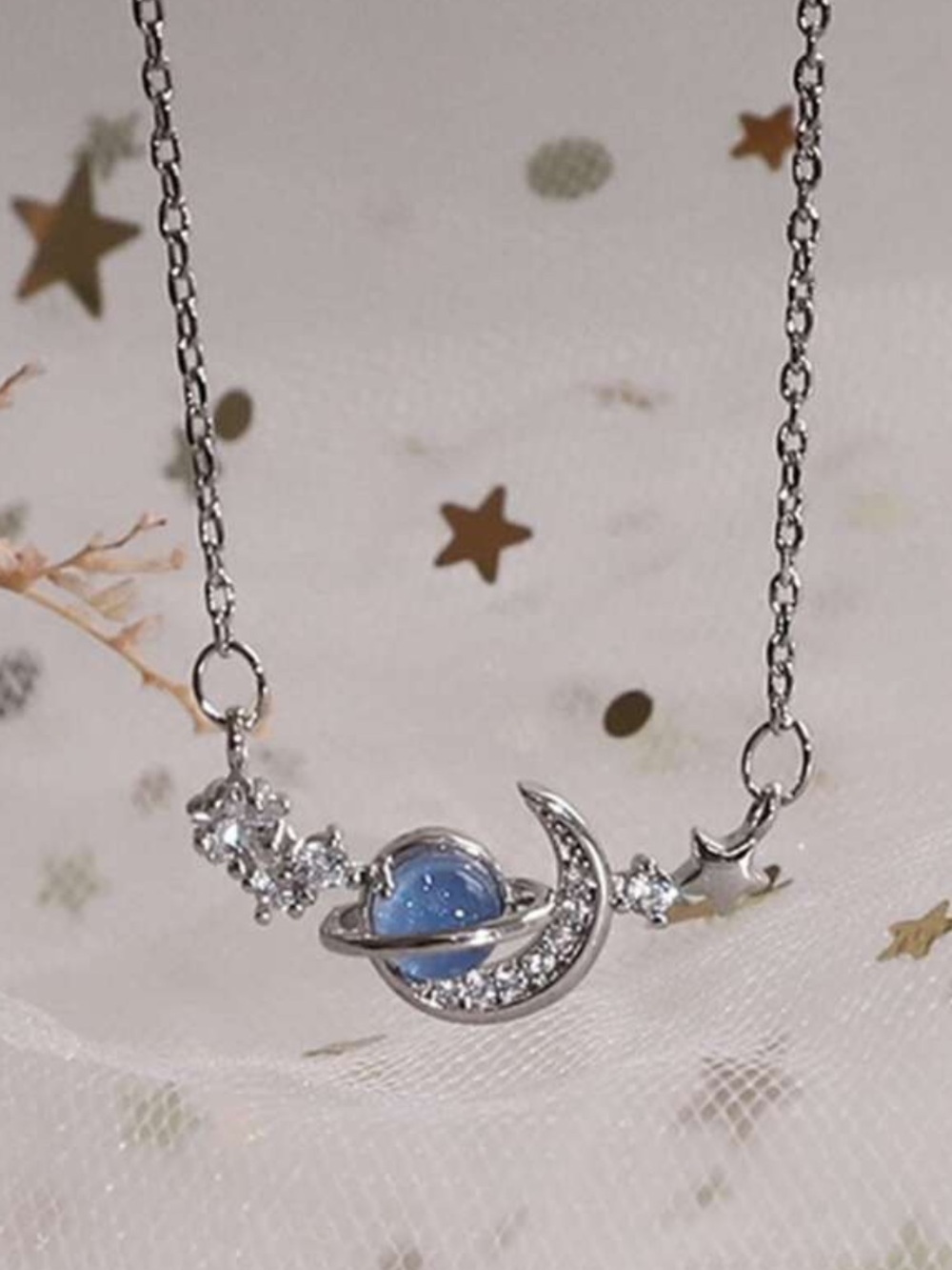 Silver Moon & Planet Necklace with Blue Opal Accent